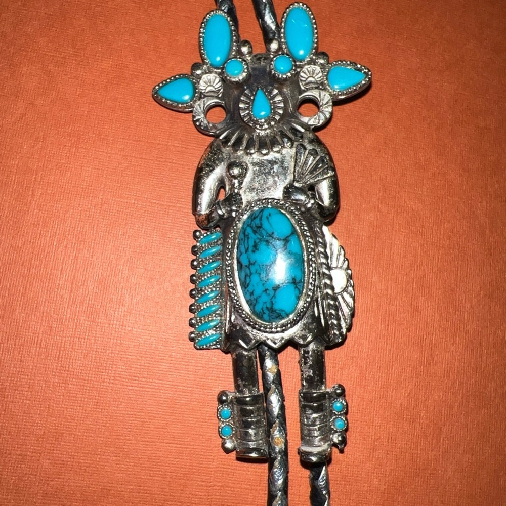 Vintage kachina Turquoise & Silver tone black braid Bolo Tie Necklace - Picture 2 of 8